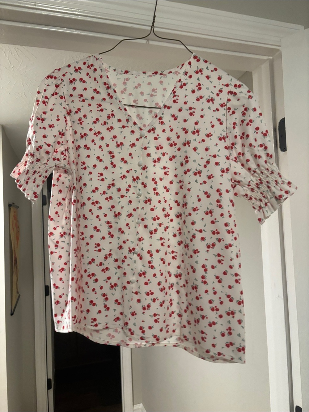 White Floral V-Neck Button Front Blouse